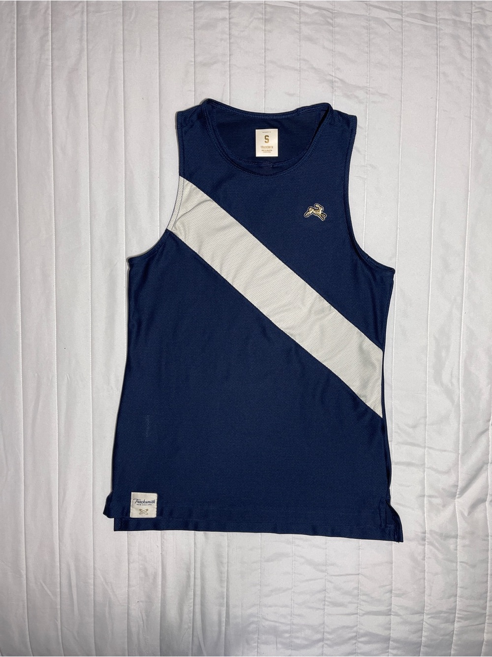 Tracksmith Navy Athletic Tank with White Diagonal Stripe